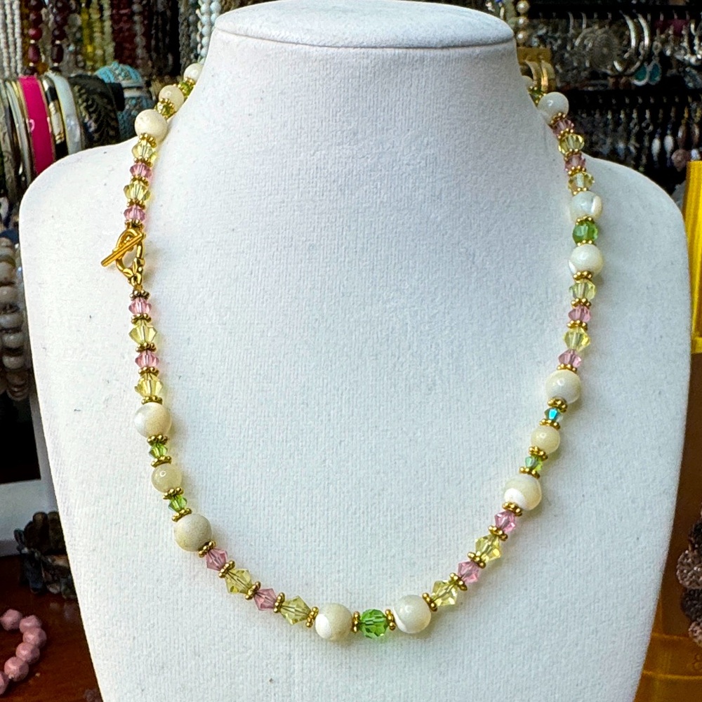 Crystal and Stone Beaded Necklace with Gold Accents